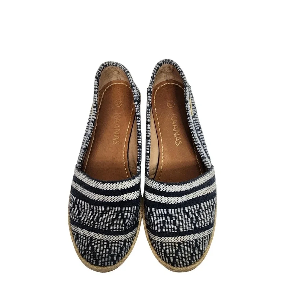 KAANAS Shoes‎ Womens 38 7.5 Navy White Woven Espadrille Slip On Flats Jute Sole